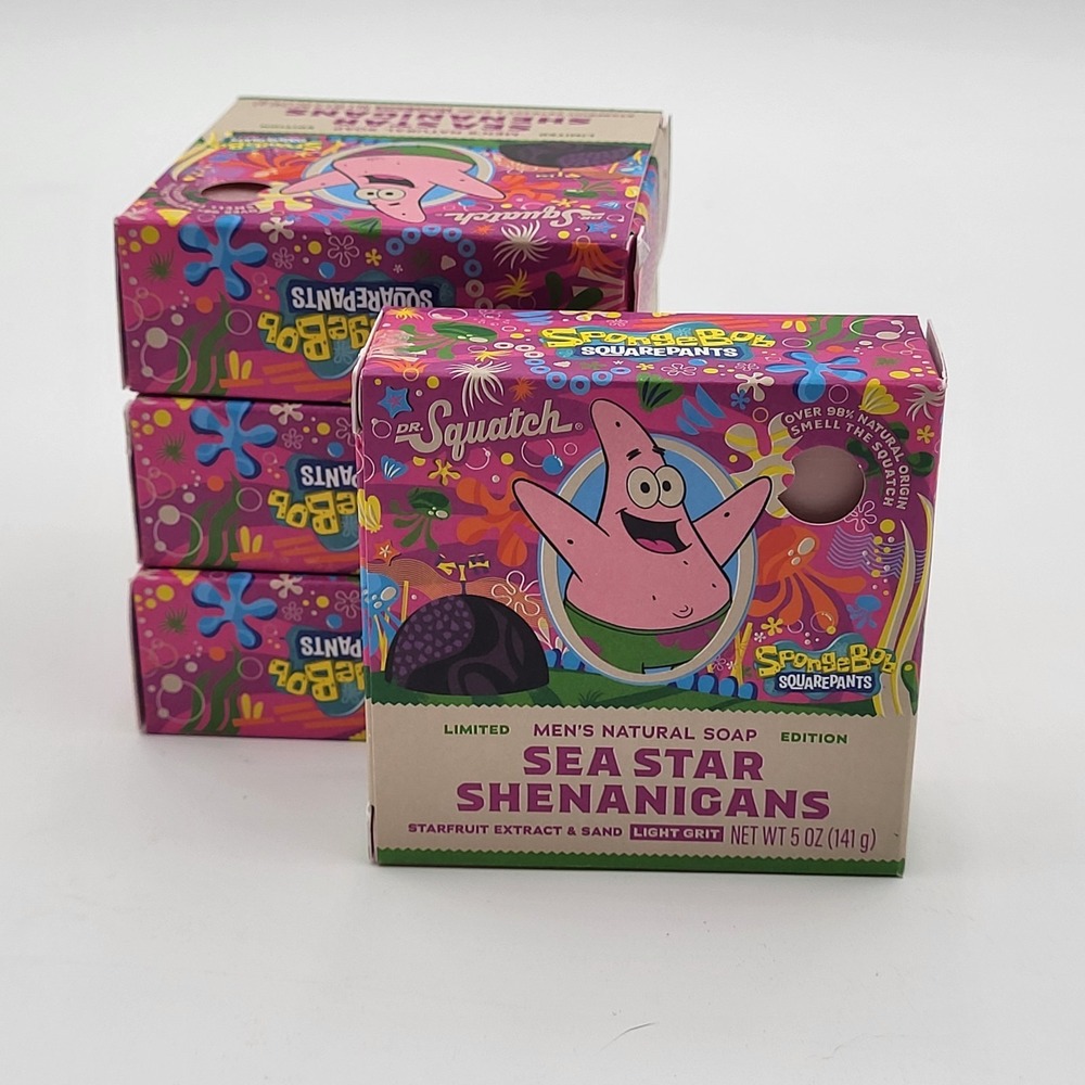 (4) Dr. Squatch Spongebob Sea Star Shenanigans Mens Natural Soap Light Grit 5oz